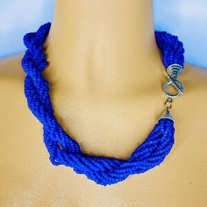 Vintage Necklace Sead Beads Royal Cobalt Blue Multi Strand Beaded Colorful 4759